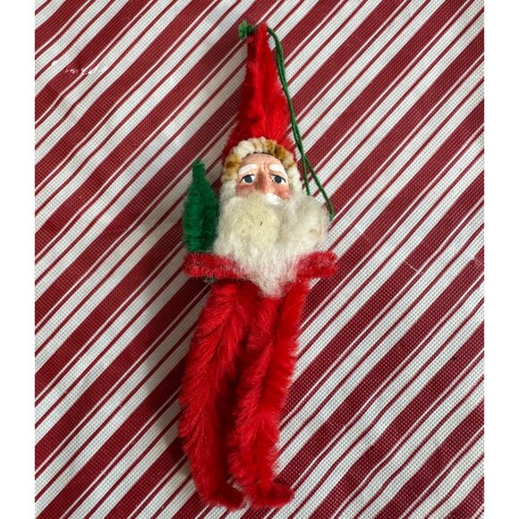 Vintage Christmas Red Chenille Santa Claus Ornament Brush Tree Composition Face - Picture 1 of 3